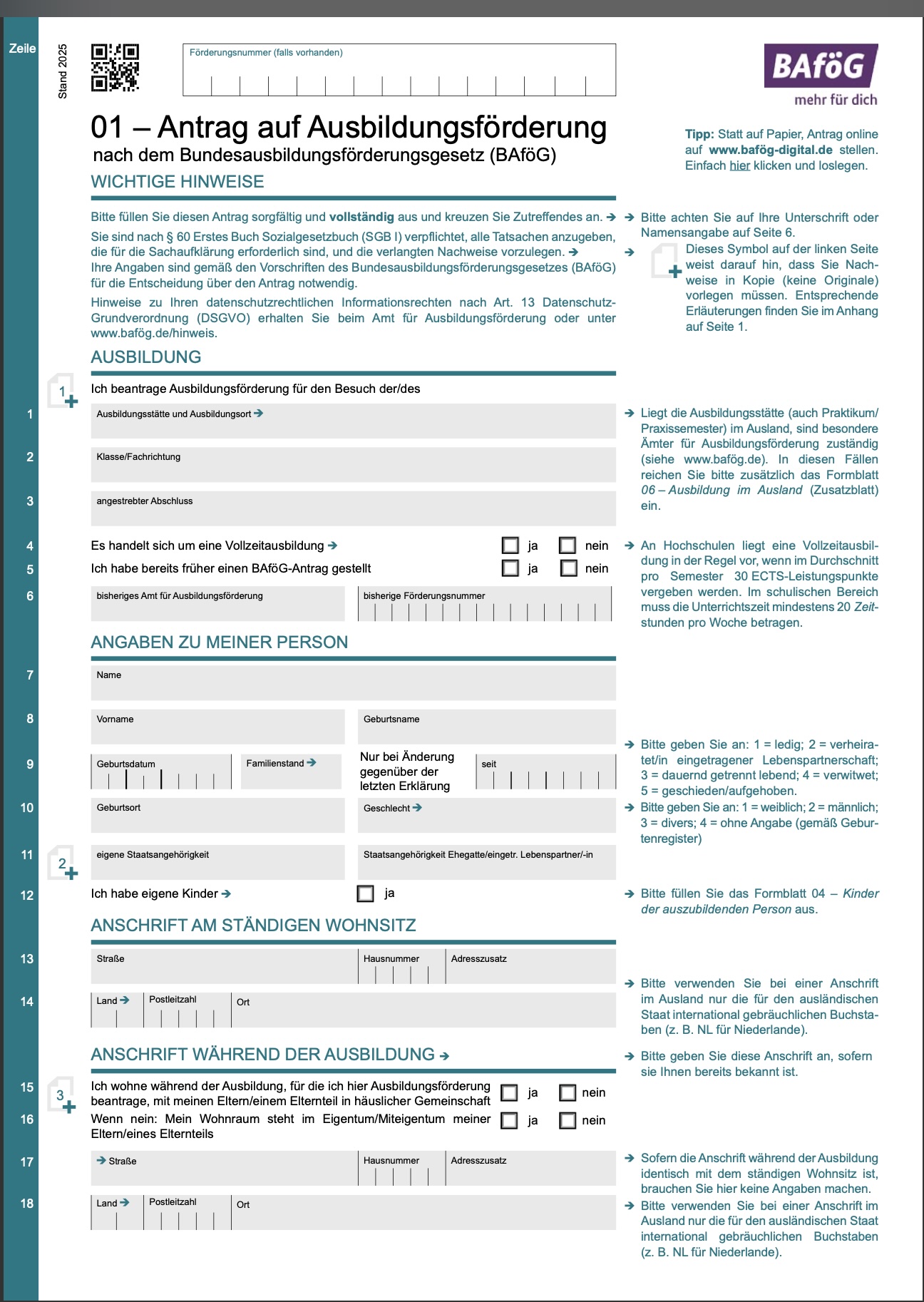 BAföG Formblatt 1 — Antrag auf Ausbildungsförderung